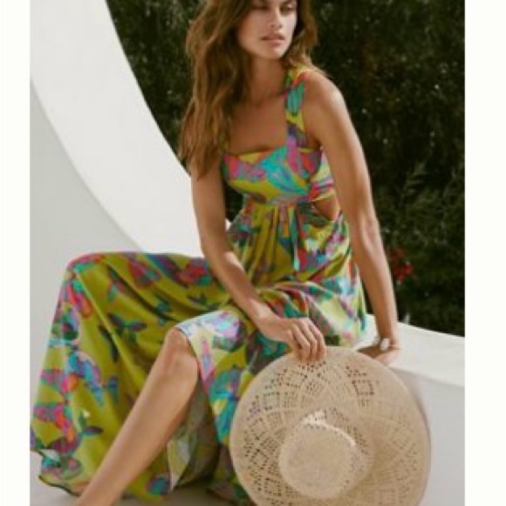 Anthropologie Green and Pink Floral Maxi Dress